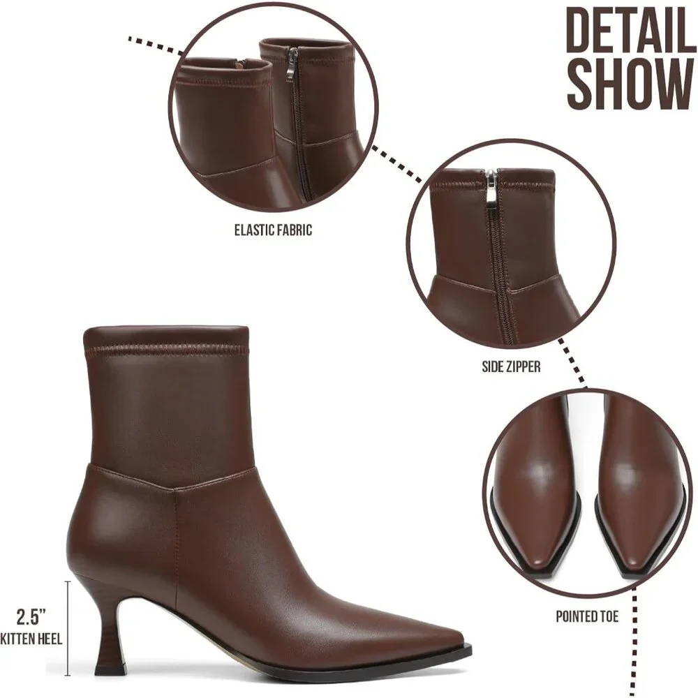 Women's Chocolate Ankle Boots Stiletto High Heel Pointed Toe Short Side Zipper - Picture 5 of 6